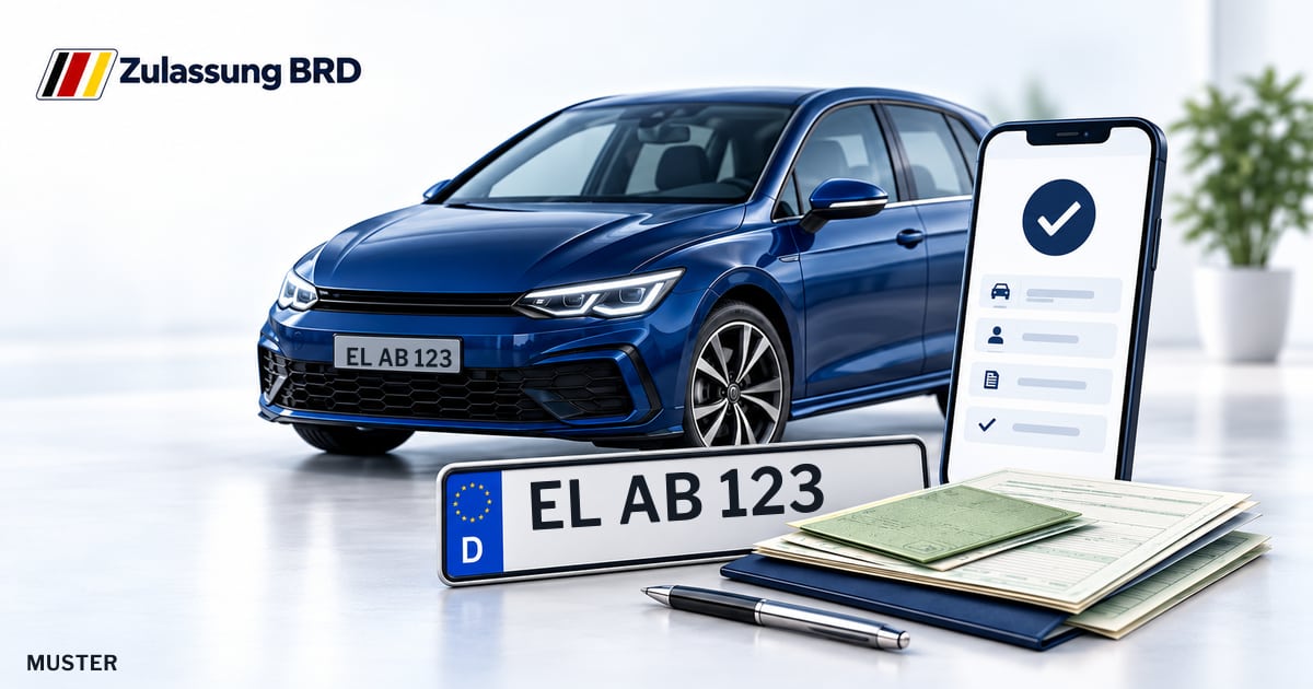 Online Fahrzeugzulassung in Landkreis Emsland: Musterkennzeichen EL AB 123, Auto und Fahrzeugpapiere und Smartphone. Illustration mit Logo von Zulassung BRD.